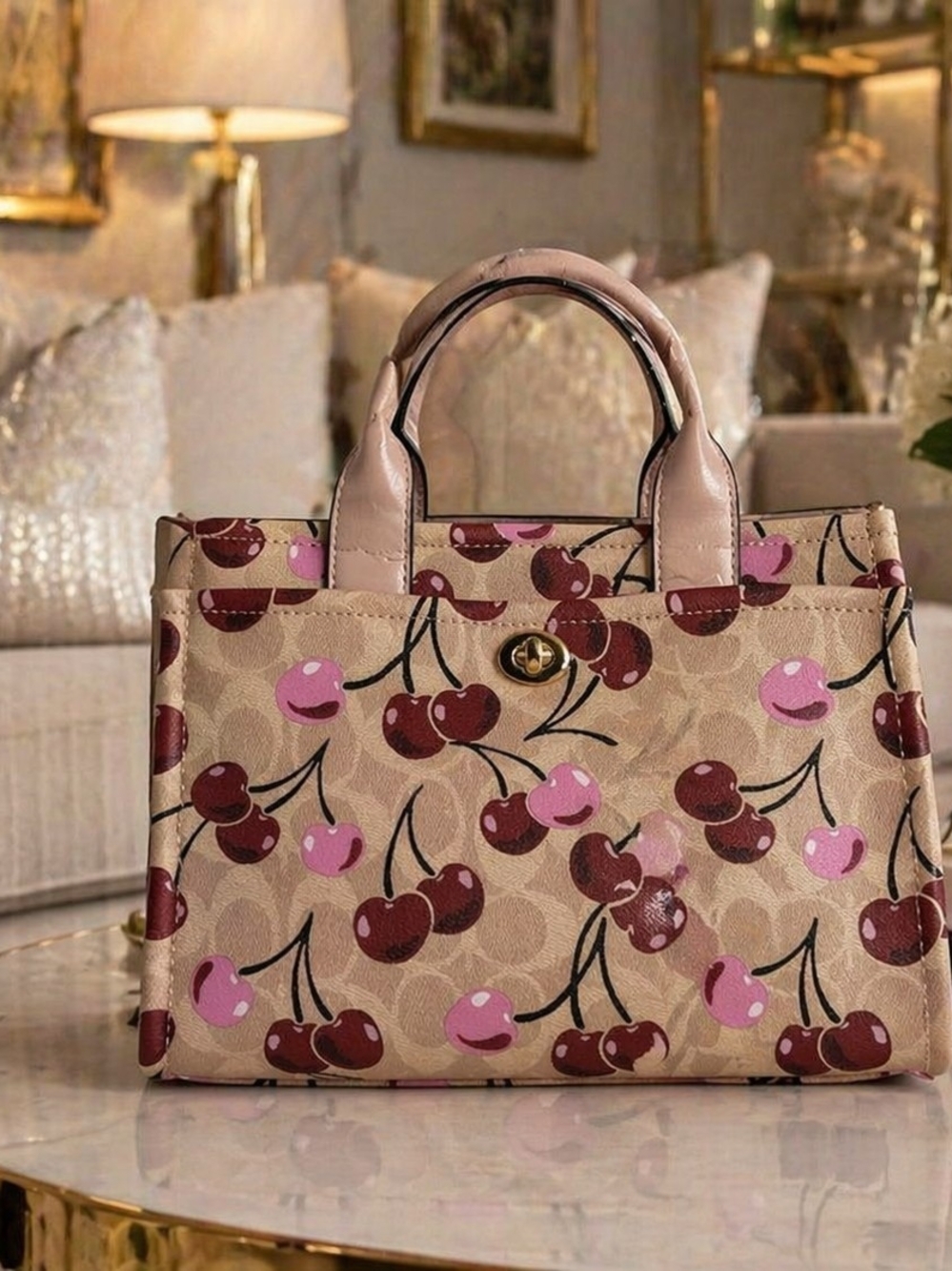 Beige Cherry-Print Tote with Pink and Burgundy Accents